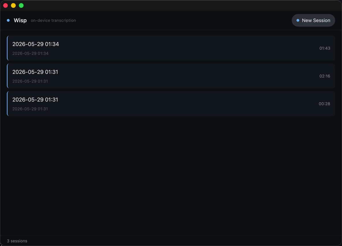 The Wisp main window with a library of past sessions.